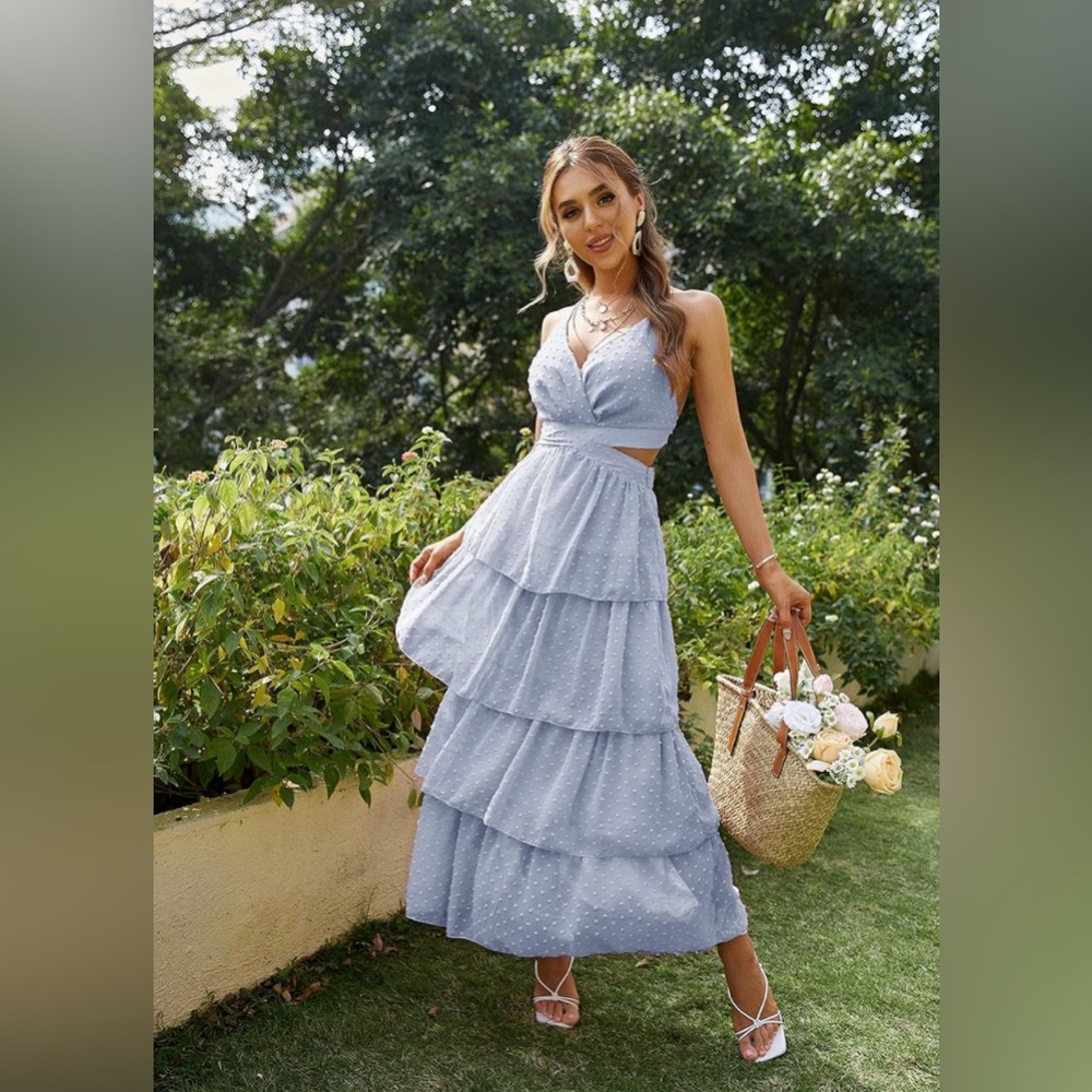 Women's V Neck Tiered Layered Ruffle Baby Blue Dress Formal Casual Wedding Party